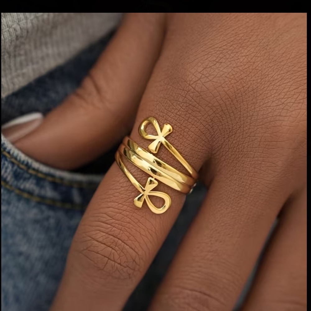 18k Gold Plated Stainless Steel Gold Egyptian Key of Life Ring 3 pack